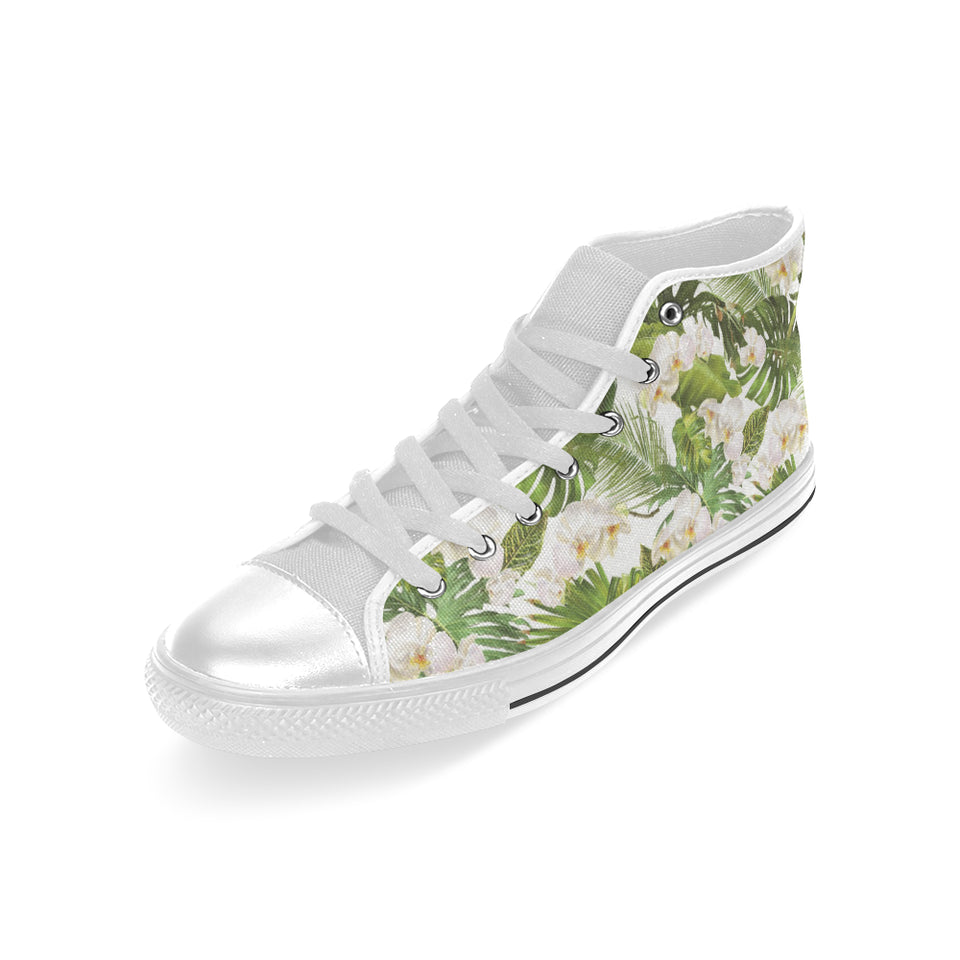 White orchid flower tropical leaves pattern Men's High Top Canvas Shoes White