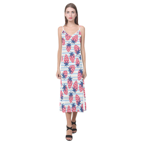 Strawberry pattern blue lines background V-Neck Open Fork Long Dress
