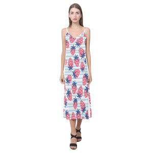 Strawberry pattern blue lines background V-Neck Open Fork Long Dress