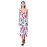 Strawberry pattern blue lines background V-Neck Open Fork Long Dress