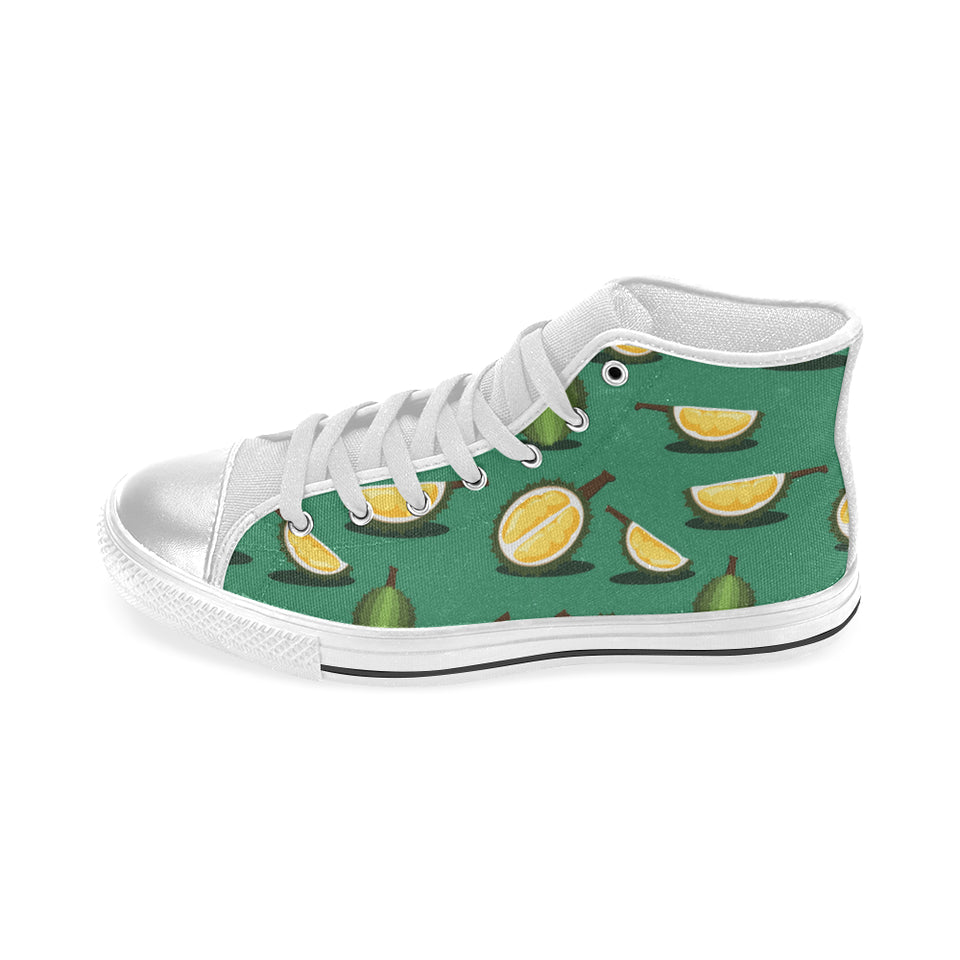 Durian pattern green background Women's High Top Canvas Shoes White
