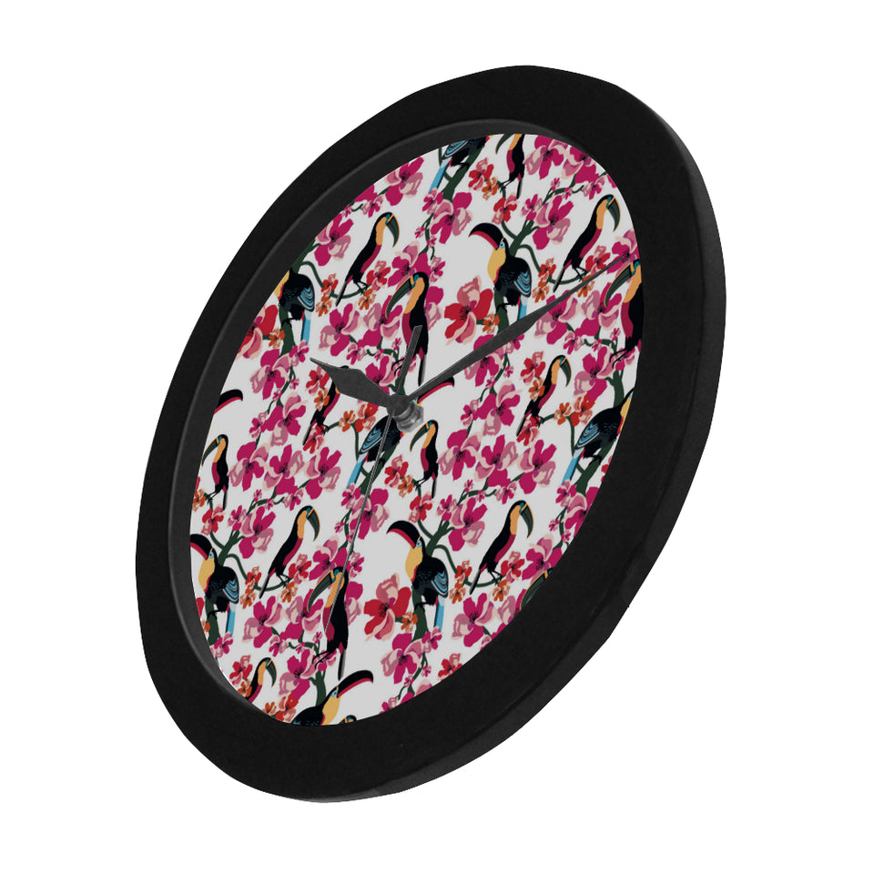 Toucan flower design pattern Elegant Black Wall Clock