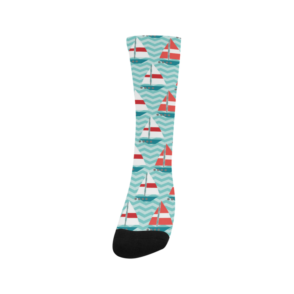 Red White sailboat wave background Crew Socks
