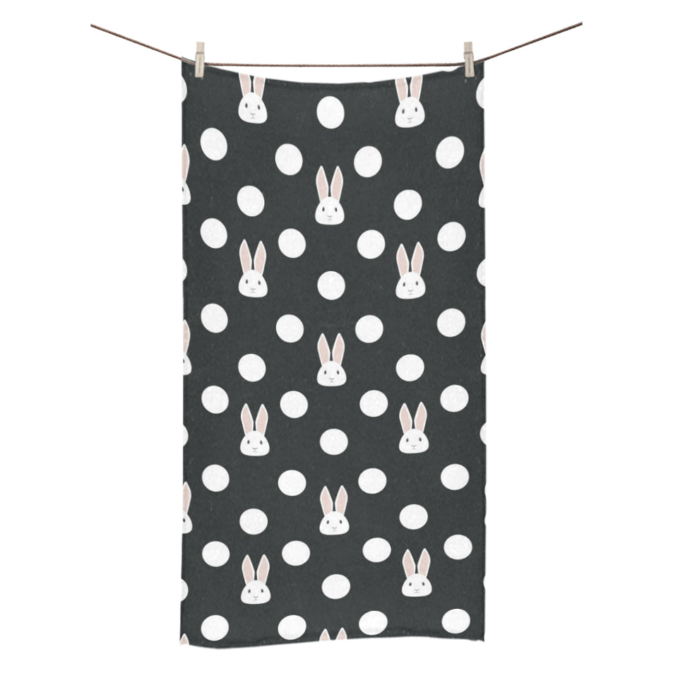 Cute white rabbit polka dots black background Bath Towel