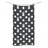 Cute white rabbit polka dots black background Bath Towel
