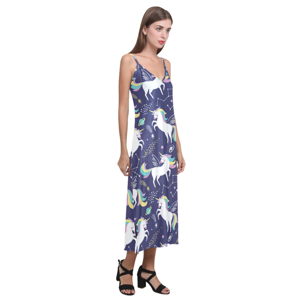 Hand drawn cute unicorn star planet V-Neck Open Fork Long Dress