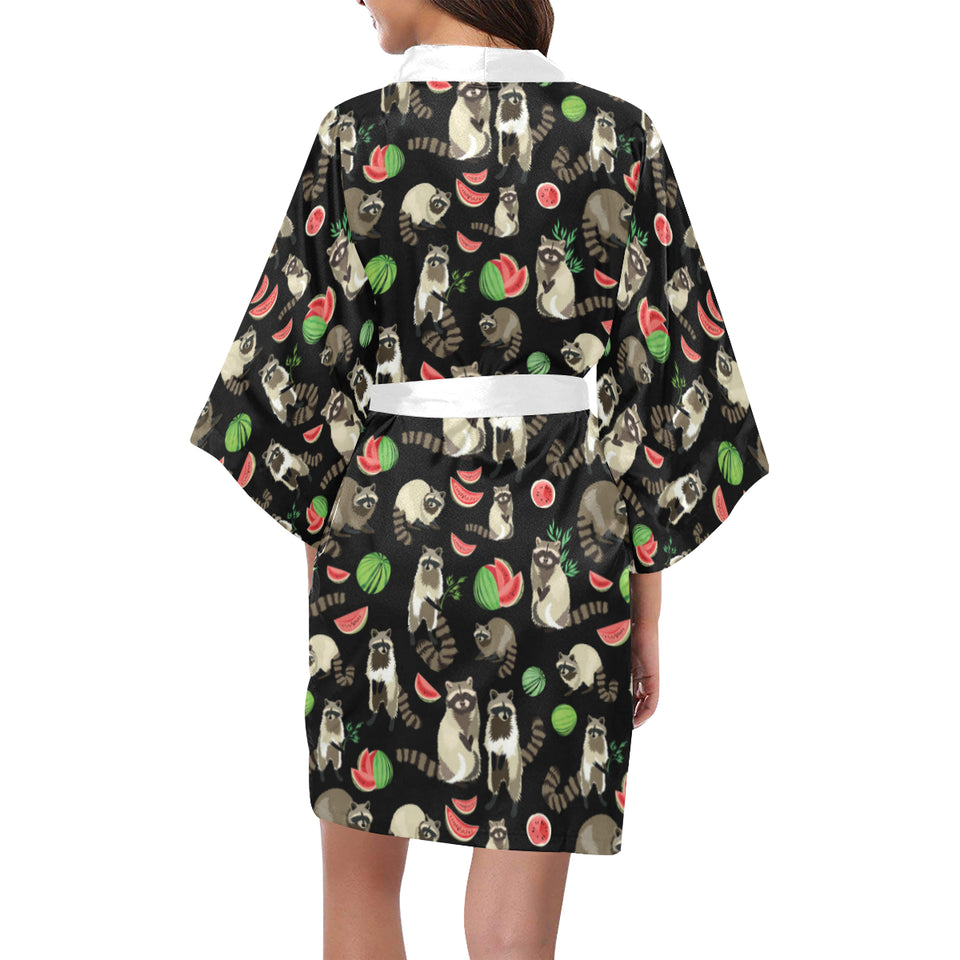Raccoon watermelon pattern Women's Short Kimono Robe