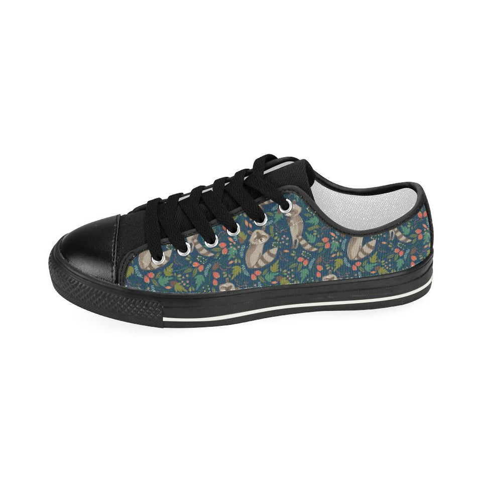 Raccoon tropical leaves pattern Kids' Boys' Girls' Low Top Canvas Shoes Black