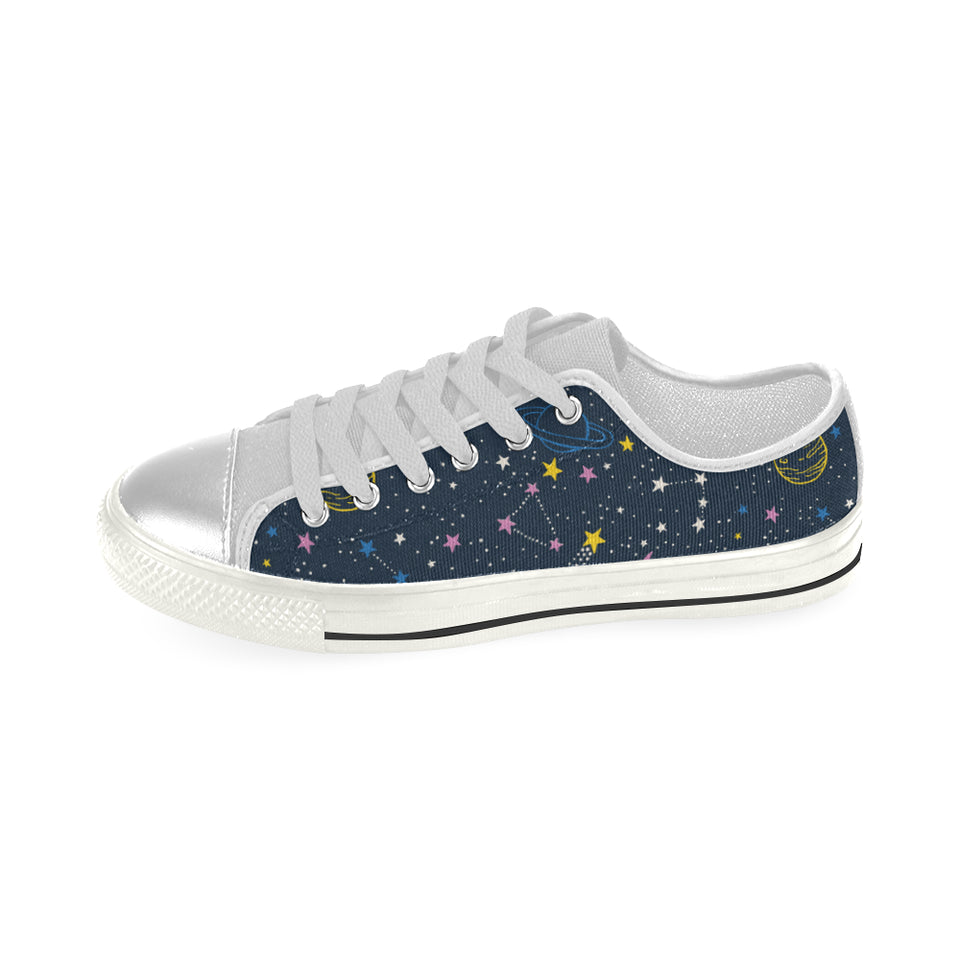 space pattern with planets, comets, constellations Women's Low Top Canvas Shoes White