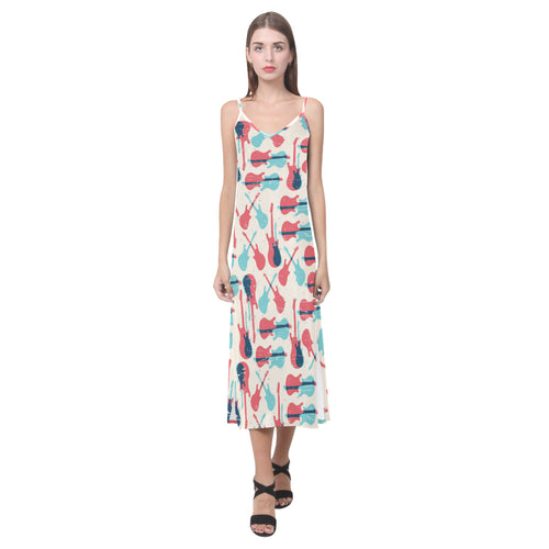 Red Blue guitar pattern V-Neck Open Fork Long Dress