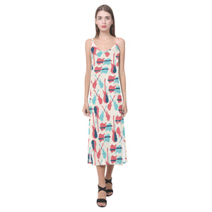 Red Blue guitar pattern V-Neck Open Fork Long Dress