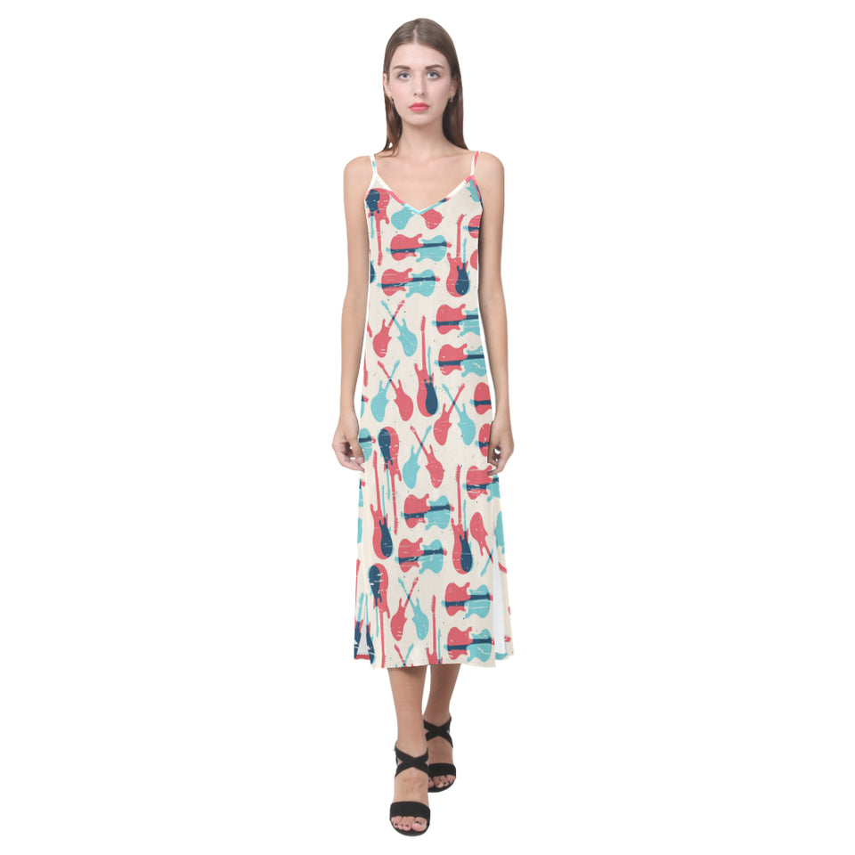 Red Blue guitar pattern V-Neck Open Fork Long Dress