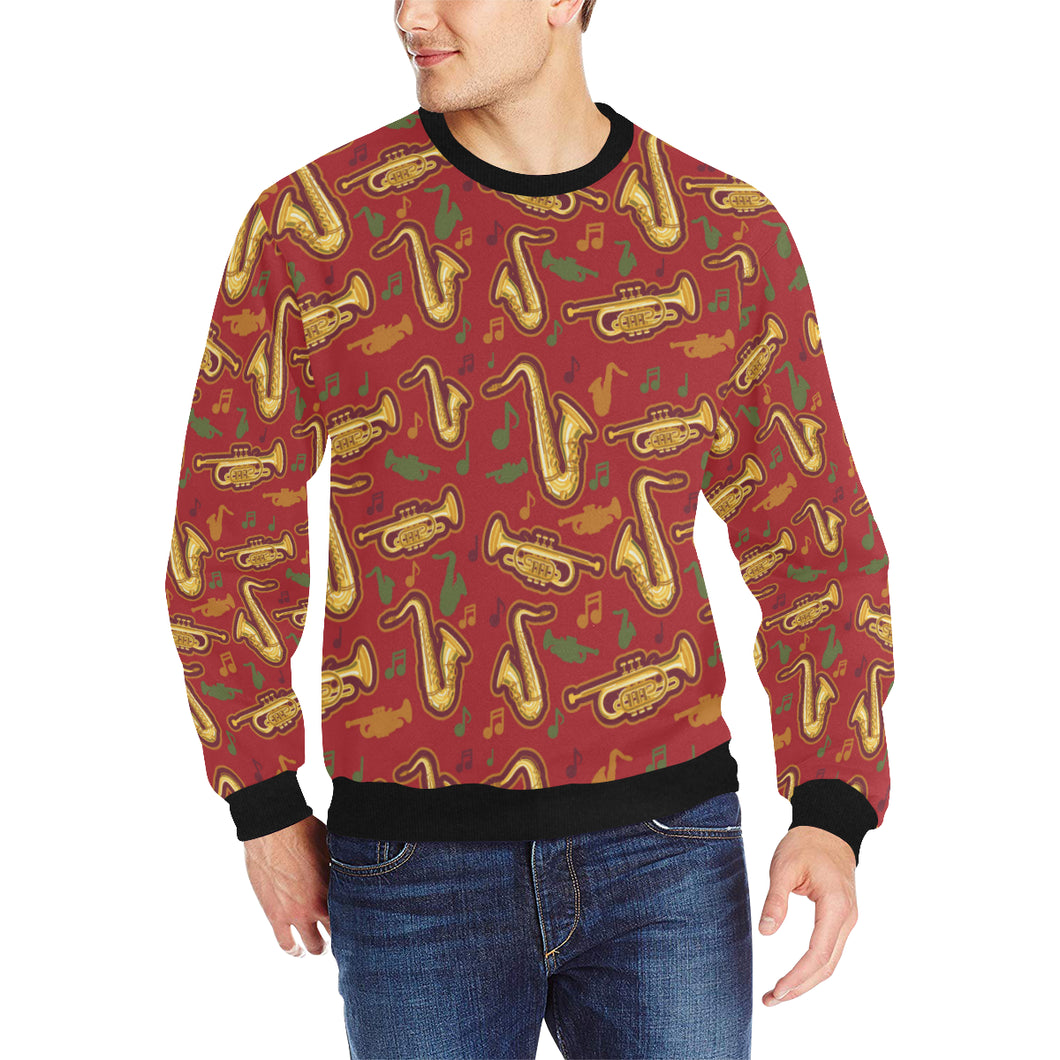Saxophone cornet pattern red background Men's Crew Neck Sweatshirt