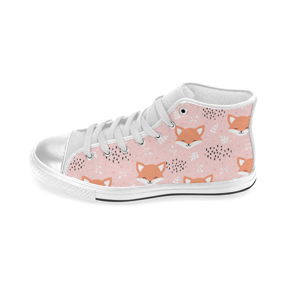 Cute fox pattern pink background Women's High Top Canvas Shoes White
