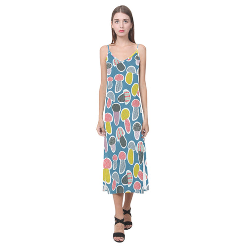 Colorful mushroom design pattern V-Neck Open Fork Long Dress