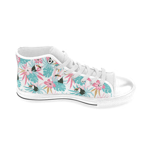 Toucan tropical flower leave pattern Men's High Top Canvas Shoes White