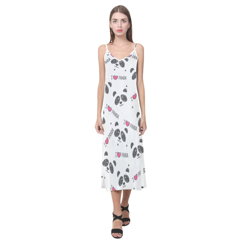 Hand Drawn faces of pandas pattern V-Neck Open Fork Long Dress
