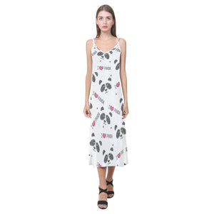 Hand Drawn faces of pandas pattern V-Neck Open Fork Long Dress