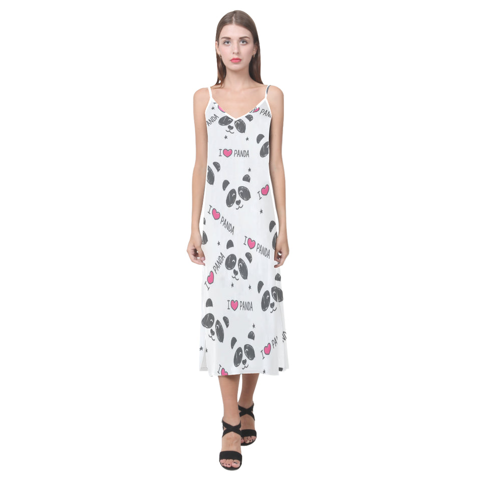 Hand Drawn faces of pandas pattern V-Neck Open Fork Long Dress