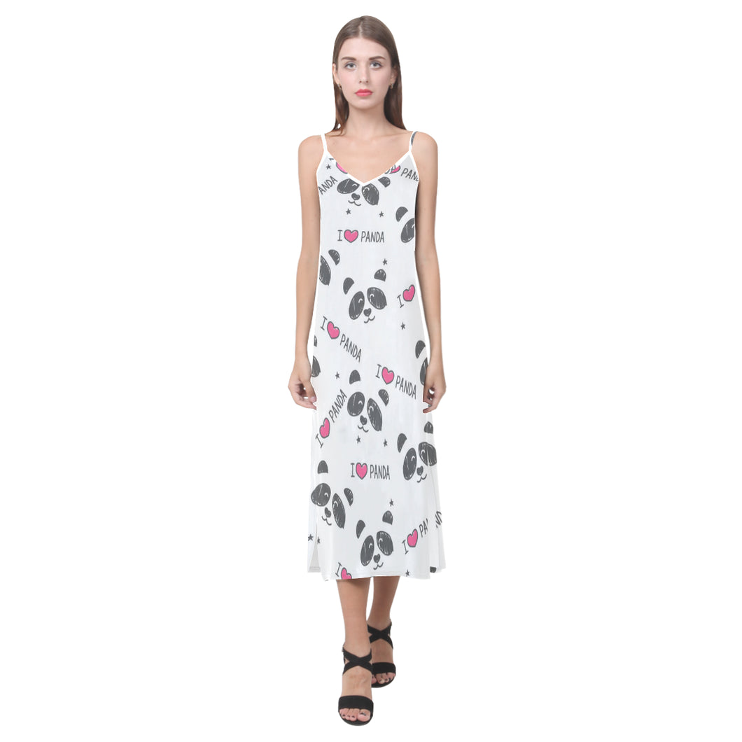 Hand Drawn faces of pandas pattern V-Neck Open Fork Long Dress