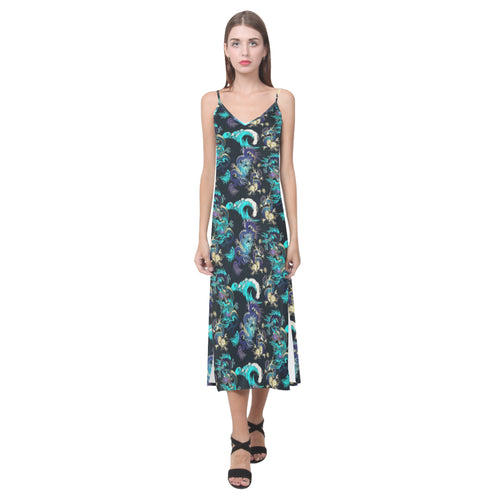 Dragon sea wave pattern V-Neck Open Fork Long Dress
