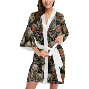 Skull rose humming bird flower pattern Women's Short Kimono Robe