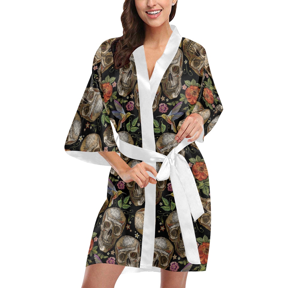 Skull rose humming bird flower pattern Women's Short Kimono Robe