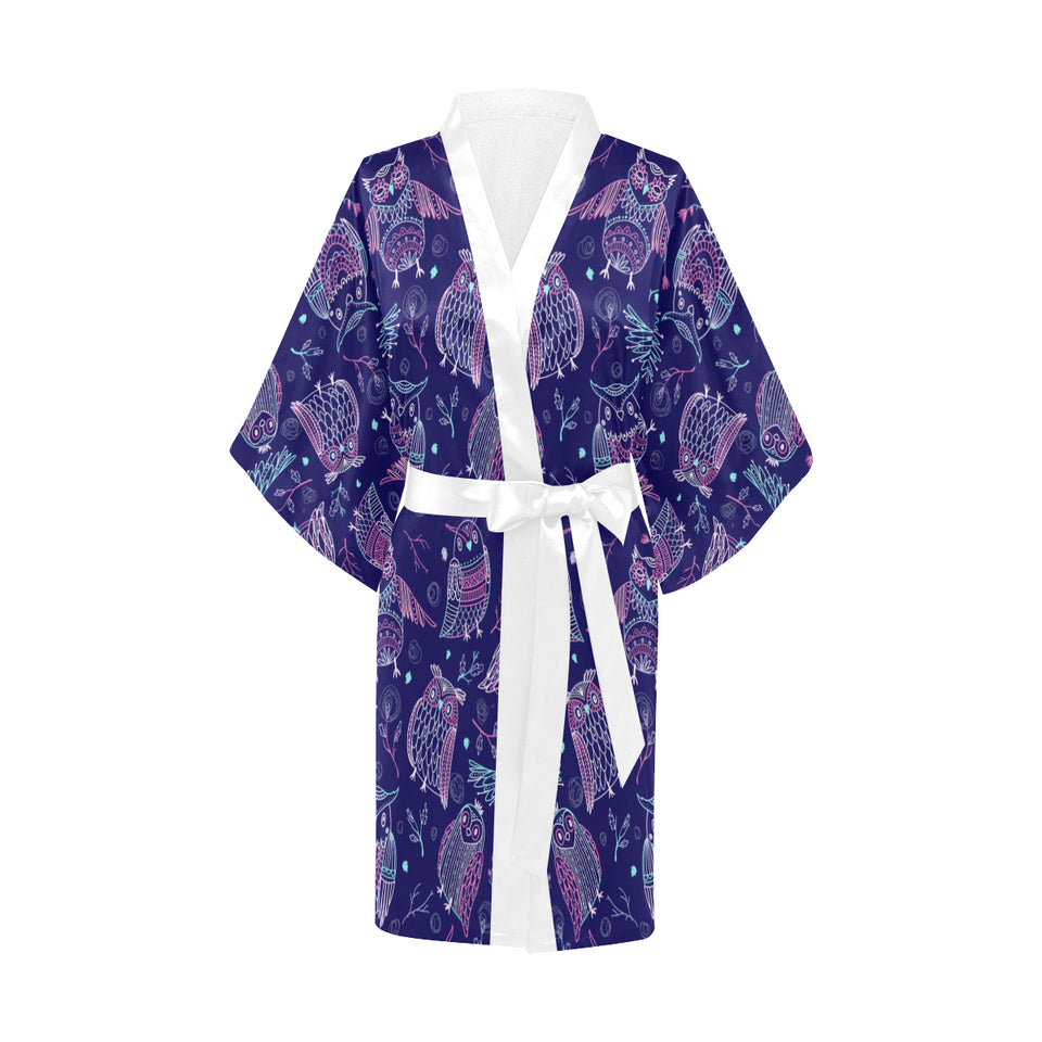 Cute owls pattern boho style ornament Women's Short Kimono Robe