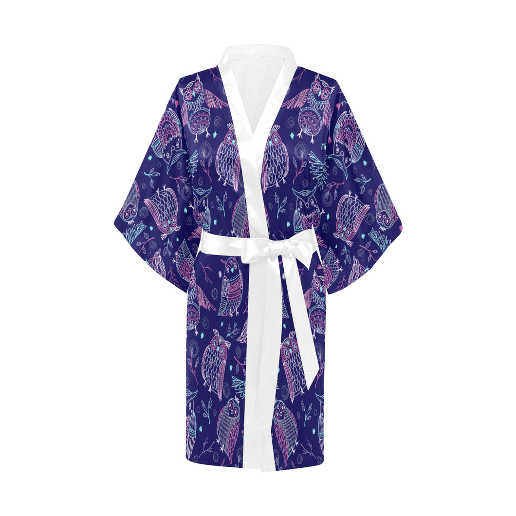 Cute owls pattern boho style ornament Women's Short Kimono Robe
