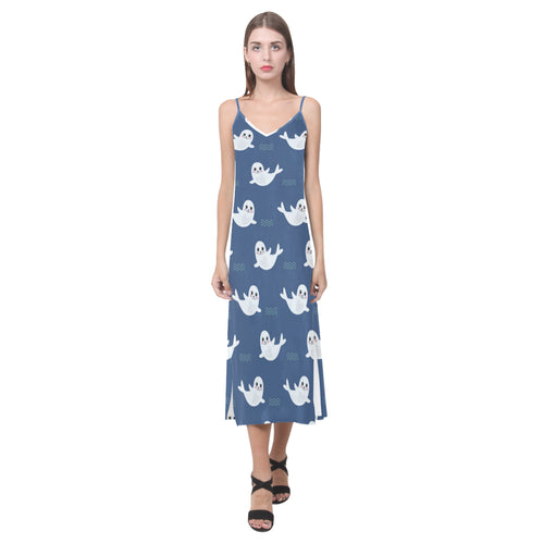 Cute white baby sea lion seal pattern V-Neck Open Fork Long Dress