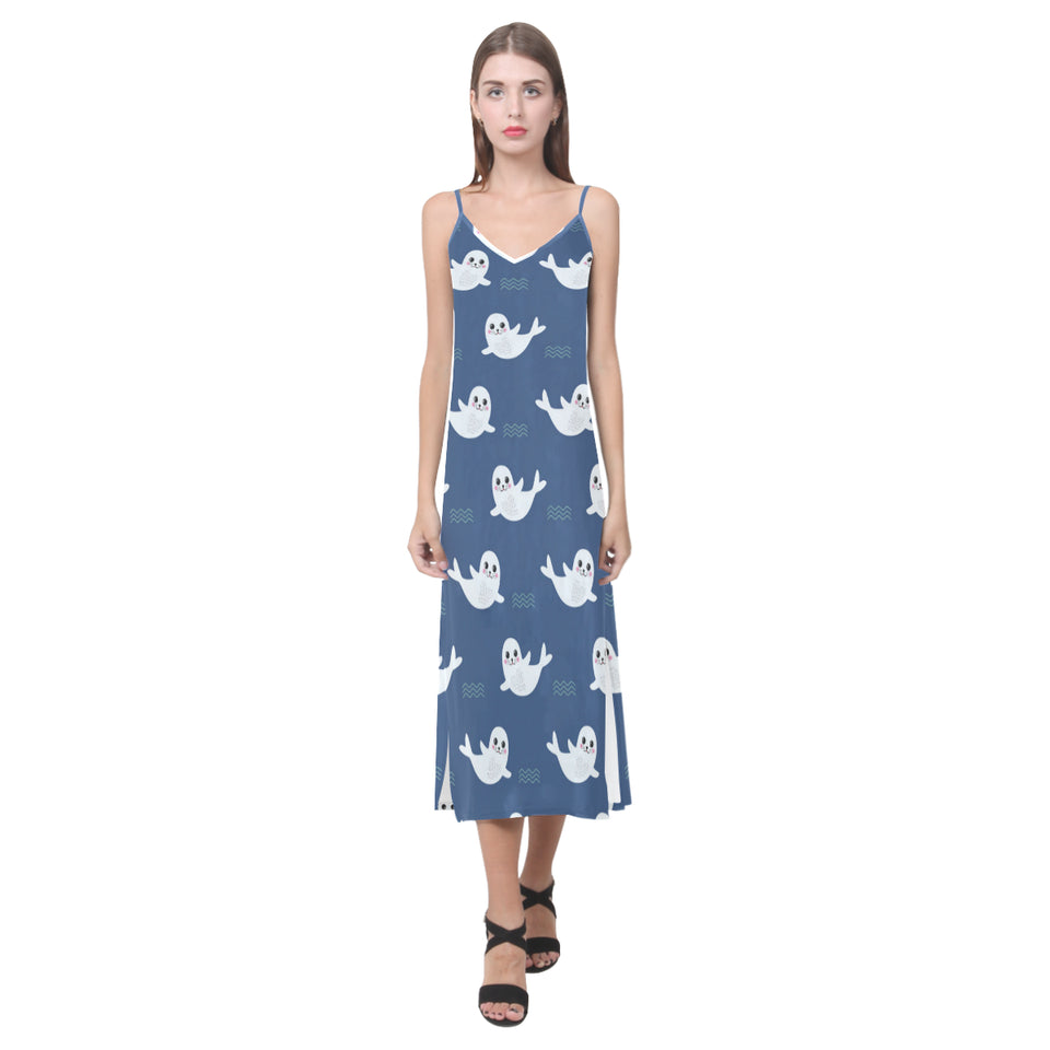 Cute white baby sea lion seal pattern V-Neck Open Fork Long Dress