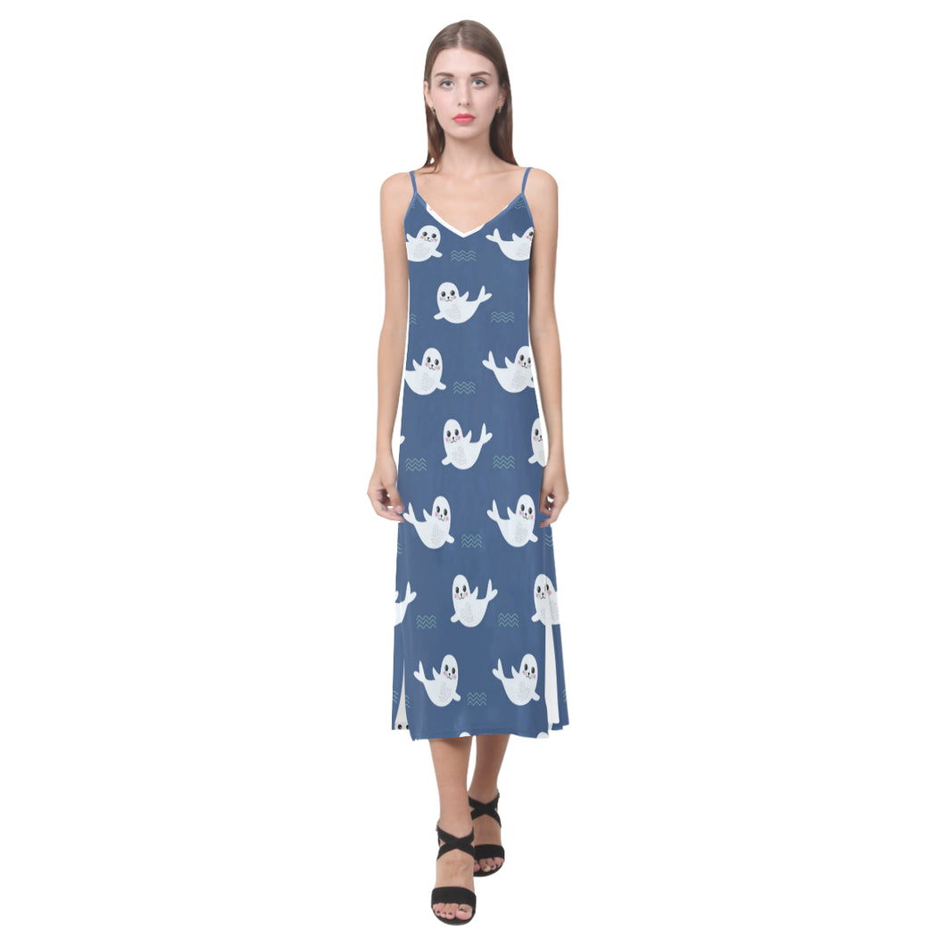 Cute white baby sea lion seal pattern V-Neck Open Fork Long Dress