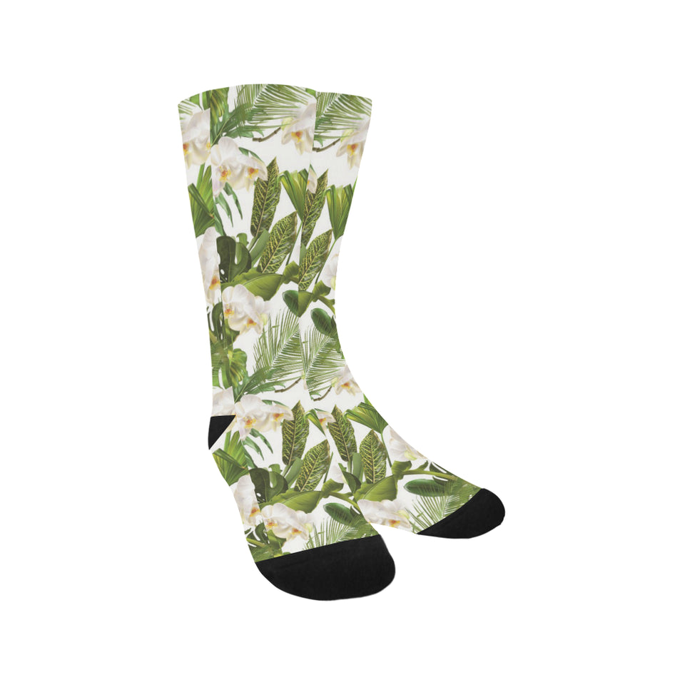 White orchid flower tropical leaves pattern Crew Socks