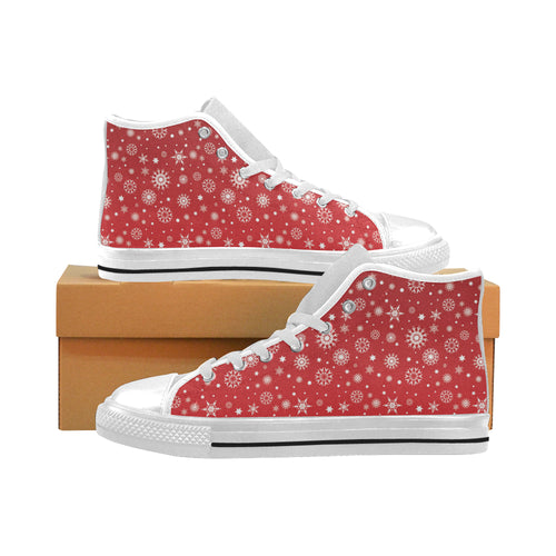 Snowflake pattern red background Men's High Top Canvas Shoes White