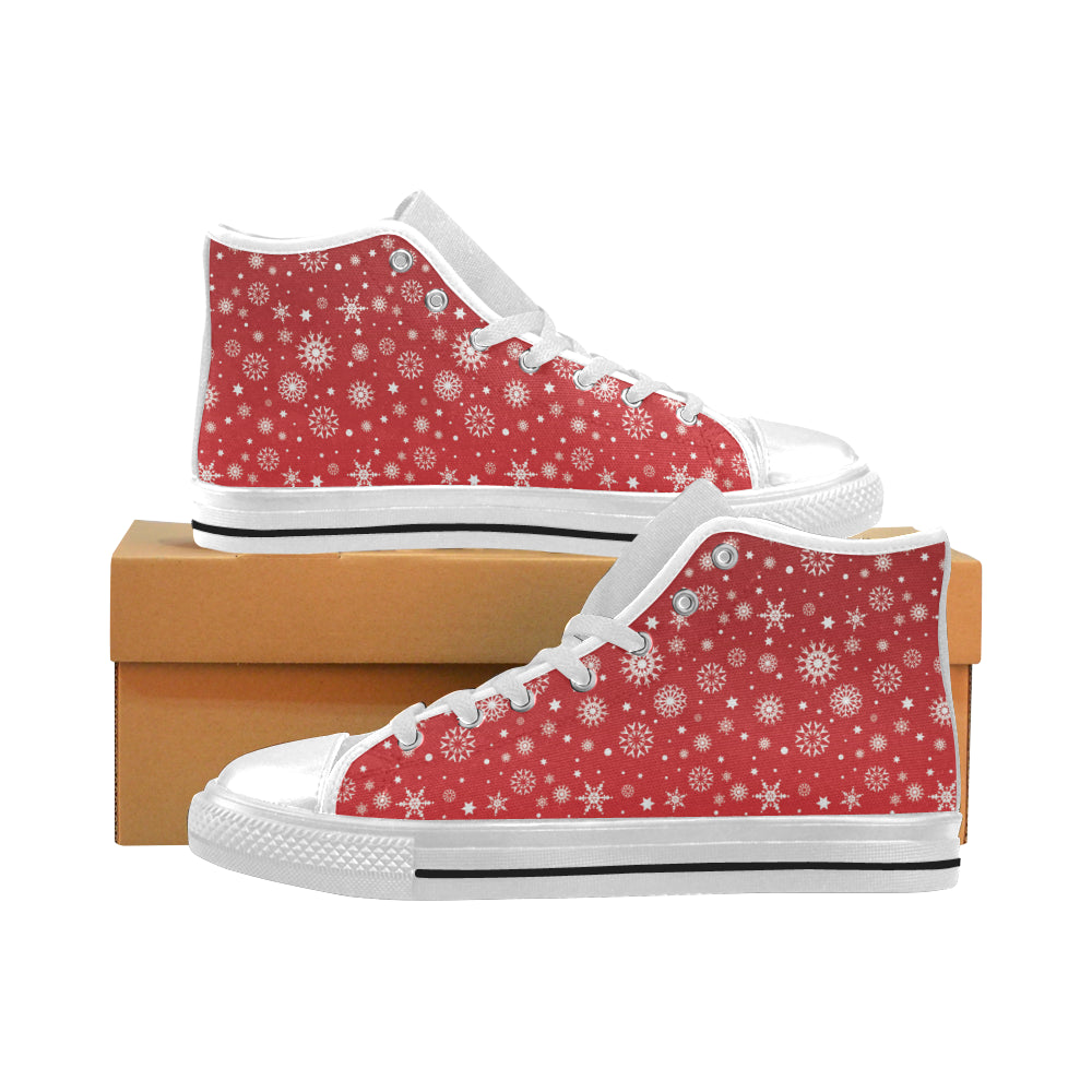 Snowflake pattern red background Men's High Top Canvas Shoes White