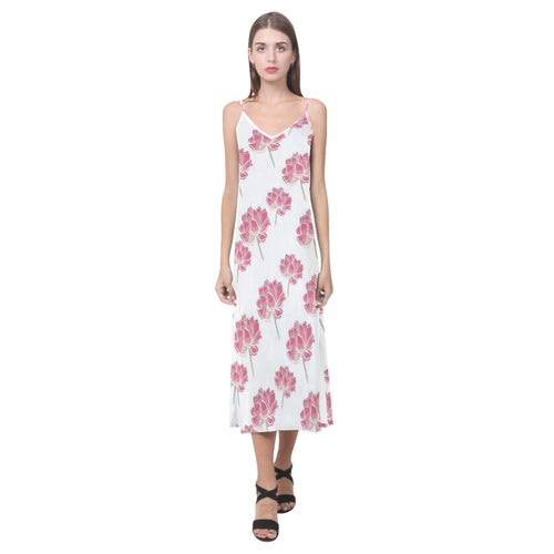 Pink lotus waterlily pattern V-Neck Open Fork Long Dress