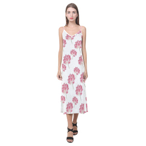 Pink lotus waterlily pattern V-Neck Open Fork Long Dress