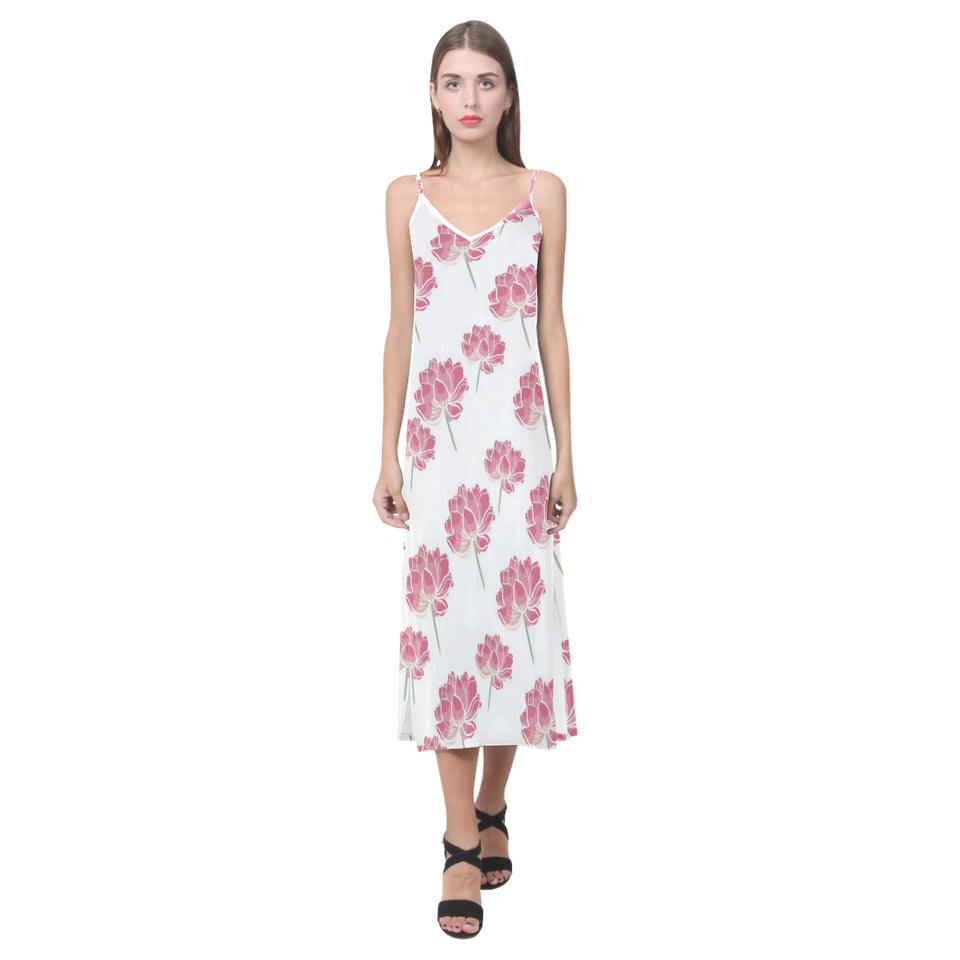 Pink lotus waterlily pattern V-Neck Open Fork Long Dress