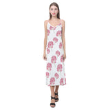 Pink lotus waterlily pattern V-Neck Open Fork Long Dress