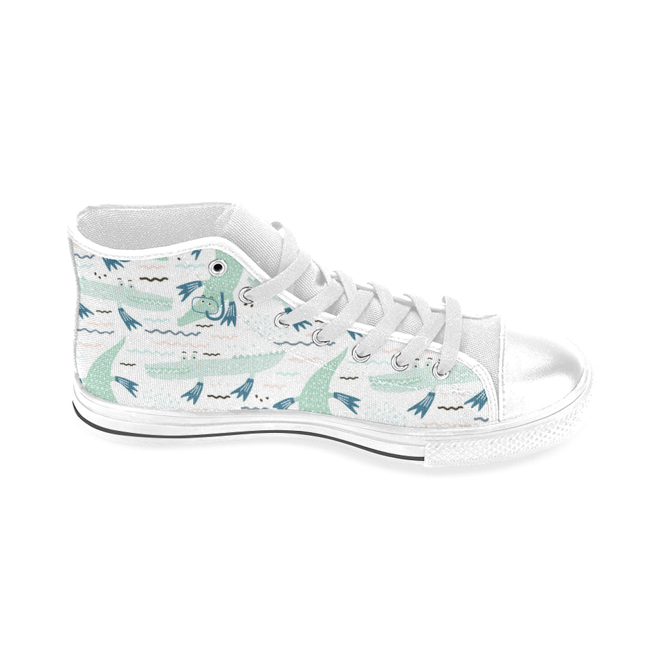 Crocodile diver pattern Men's High Top Canvas Shoes White
