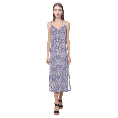 Indian Batik Style pattern V-Neck Open Fork Long Dress