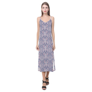 Indian Batik Style pattern V-Neck Open Fork Long Dress