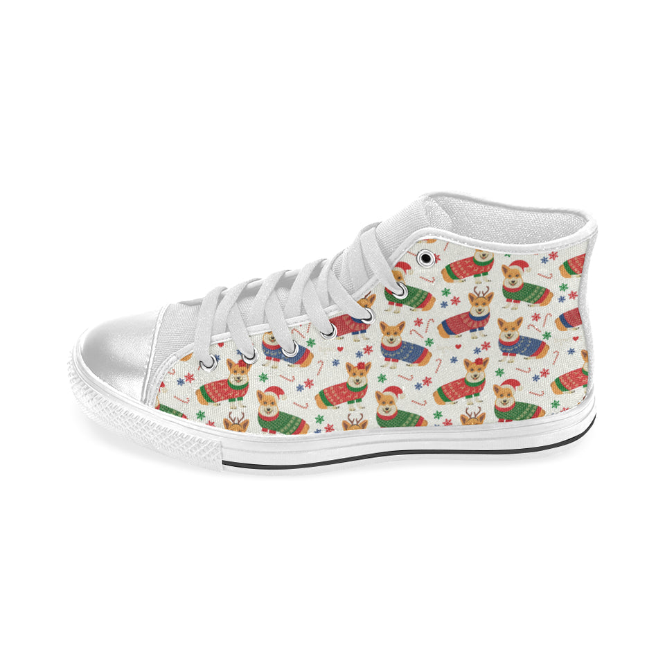 Corgi Christmas Pattern Women's High Top Canvas Shoes White
