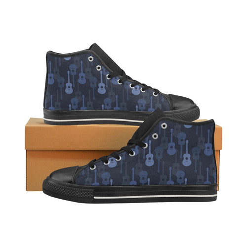 Blue Theme guitar pattern Women's High Top Canvas Shoes Black
