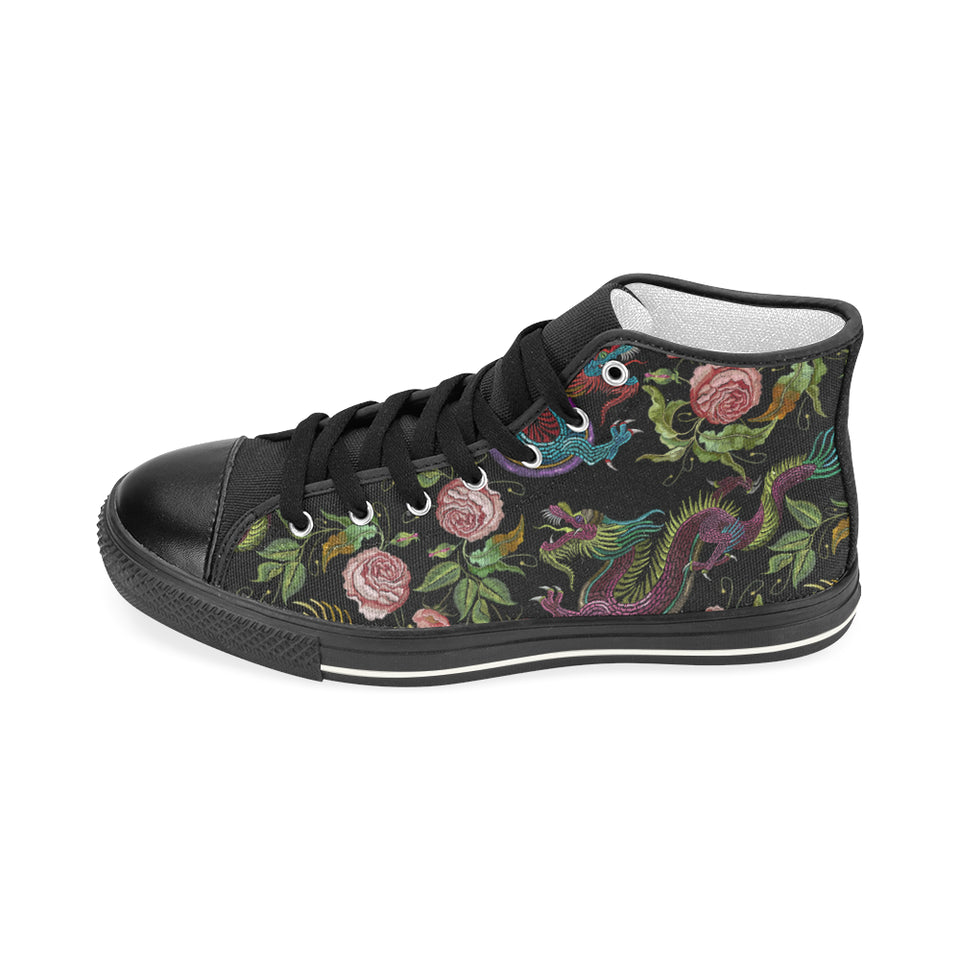Dragons flower pattern Women's High Top Canvas Shoes Black