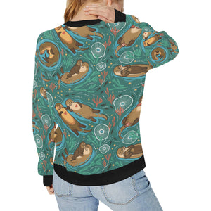 cute brown sea otters ornamental seaweed corals gr Women's Crew Neck Sweatshirt