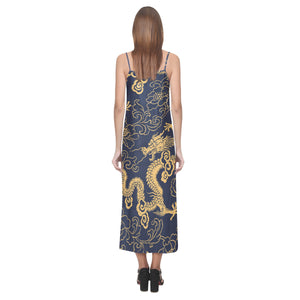 Gold dragon pattern V-Neck Open Fork Long Dress