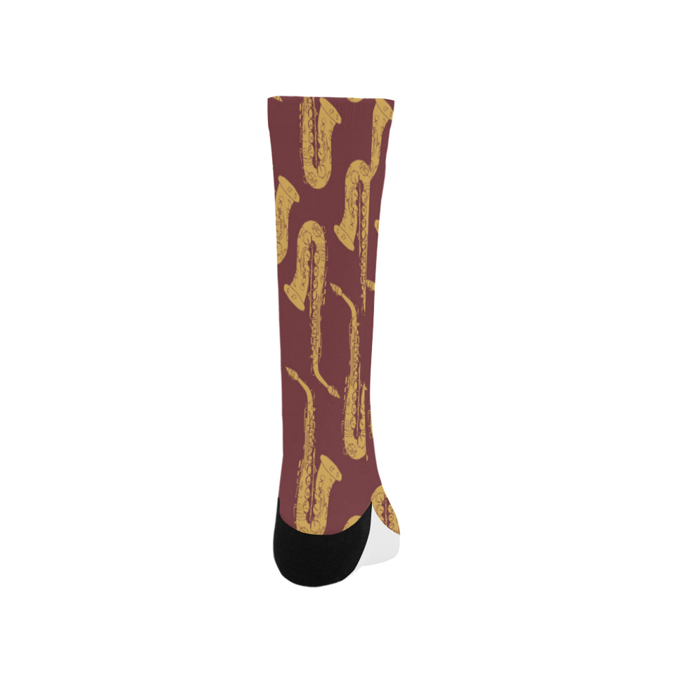Hand drawn gold saxophone red background Crew Socks