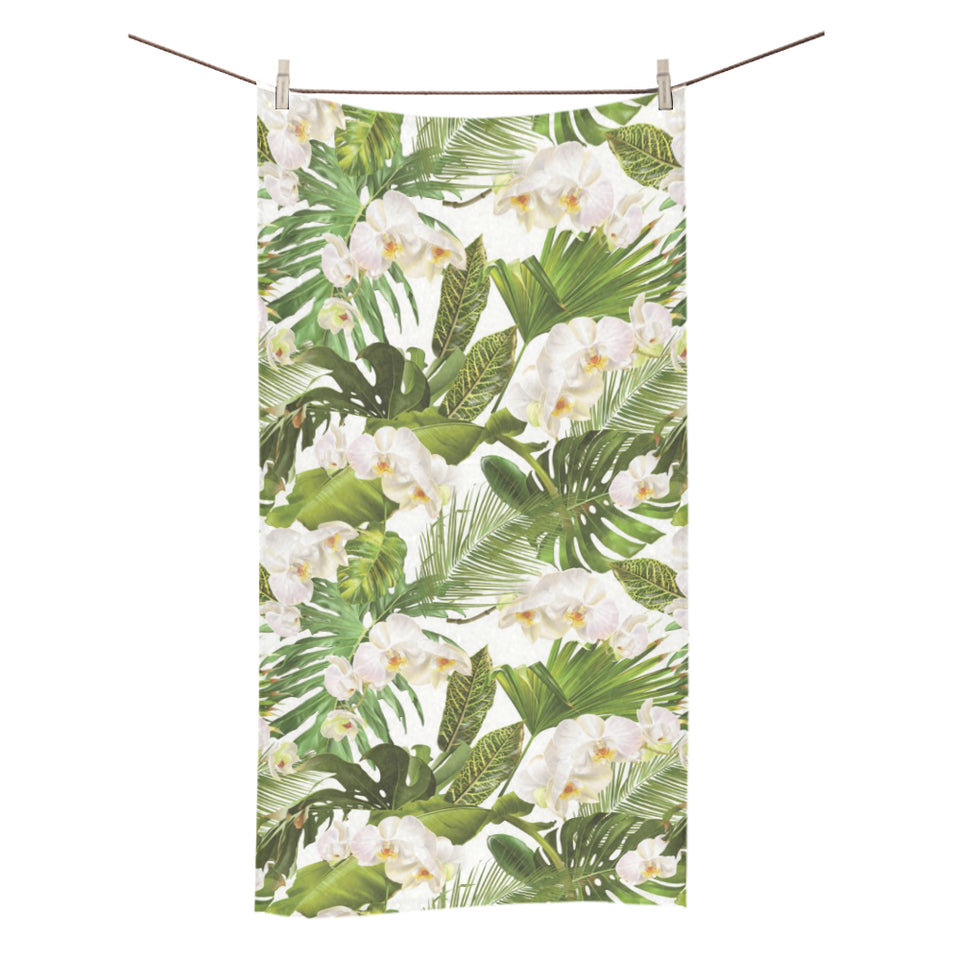 White orchid flower tropical leaves pattern Bath Towel