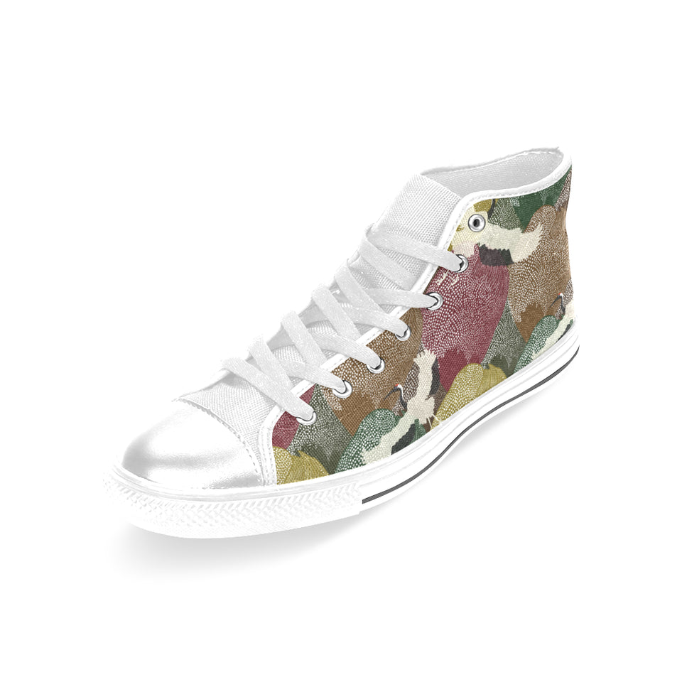Japanese cranes flying forest dot pattern Women's High Top Canvas Shoes White